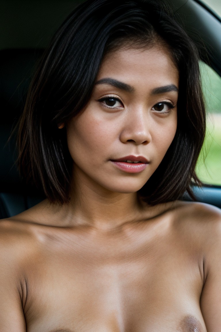 a naked asian woman with big breast is sitting in the car